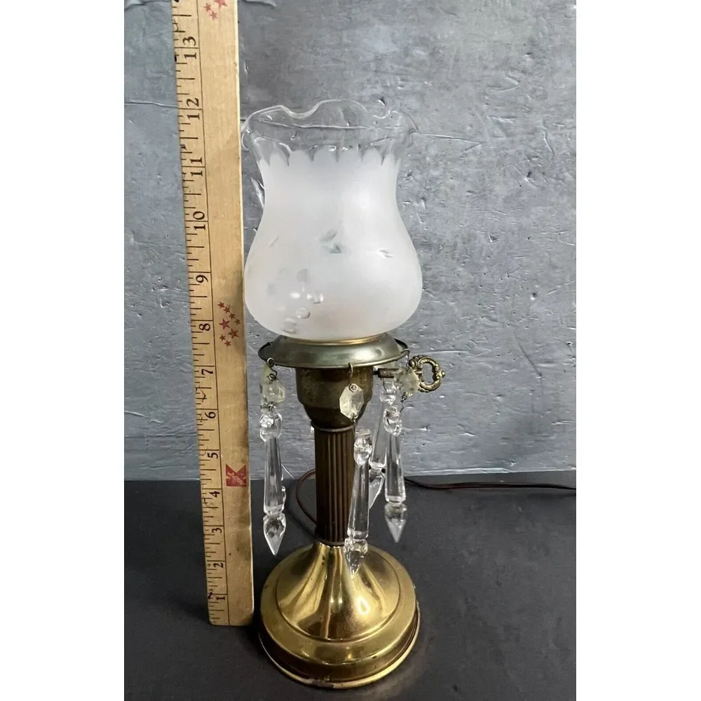 Vintage Astral Brass Boudoir Lamp Crystal Prism Drops Glass Shade Electric